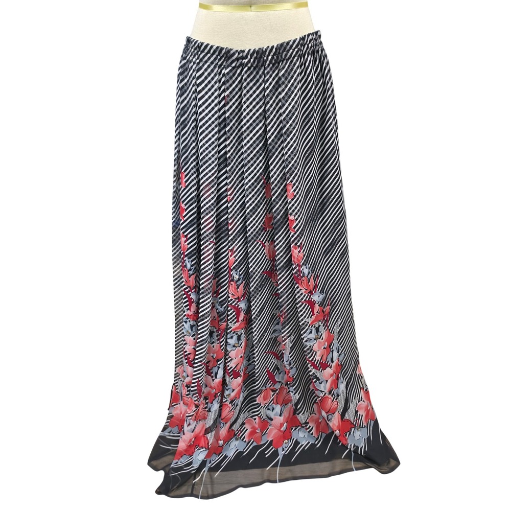 Maxi Skirt Womens L Black White Striped Floral Chiffon Good Condition